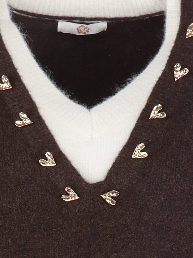 Pull col V bicolore COEUR taille coffee-écru