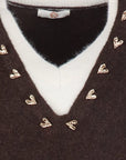 Pull col V bicolore COEUR taille coffee-écru