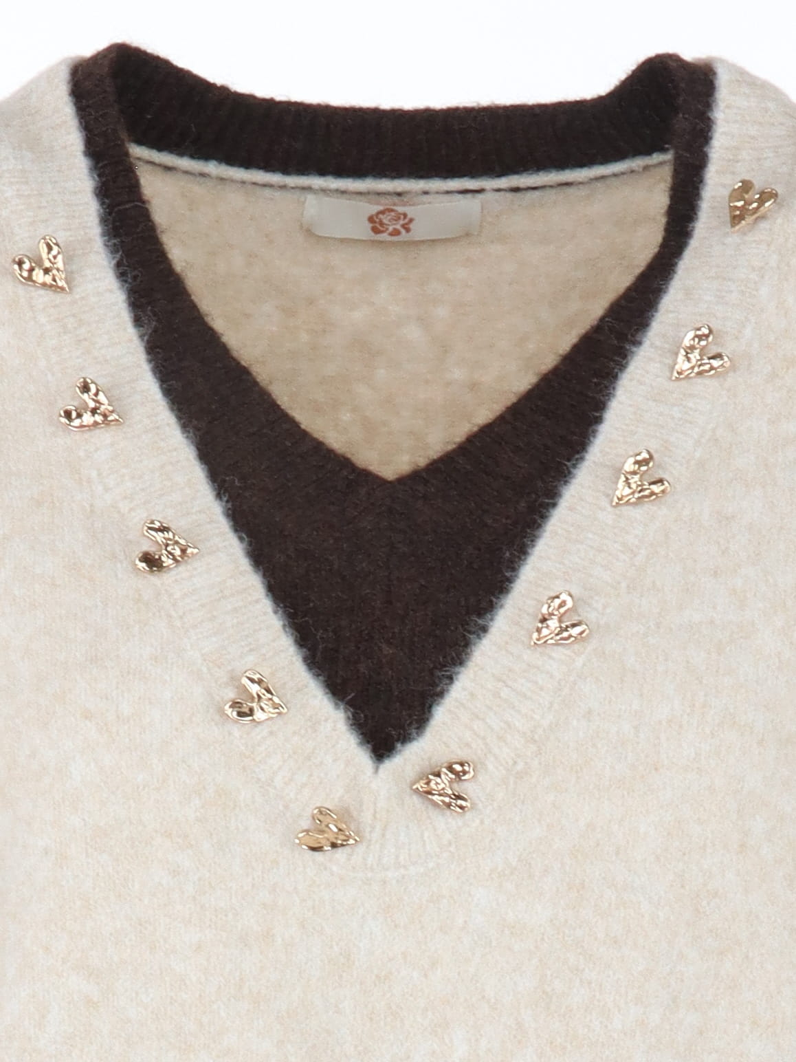 Pull col V bicolore COEUR taille beige-coffee