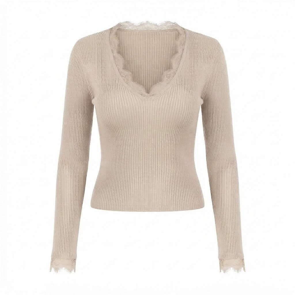 Pull beige col V dentelle