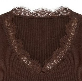 Pull coffee col V dentelle