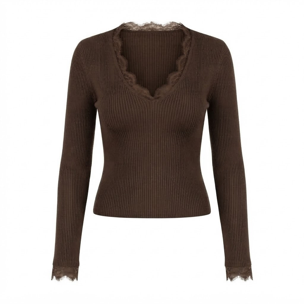 Pull coffee col V dentelle