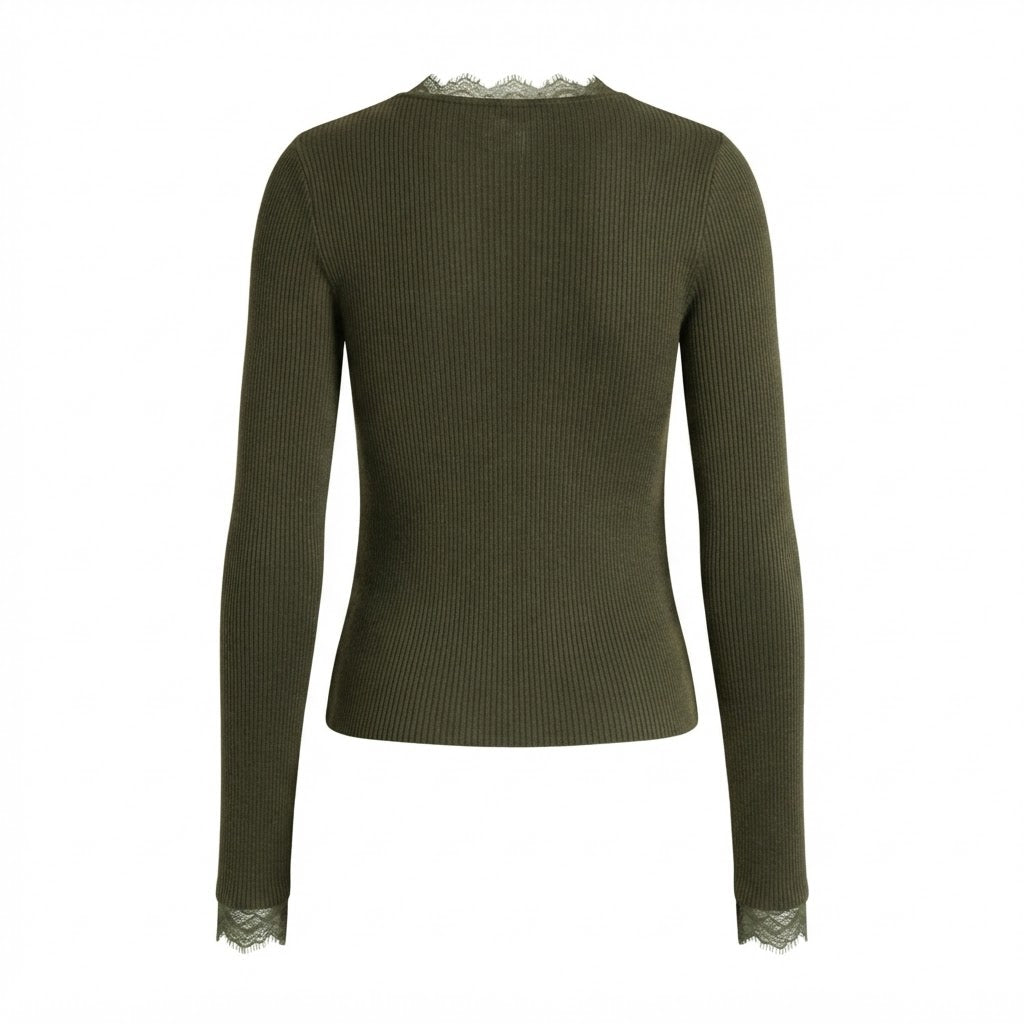 Pull kaki col V dentelle
