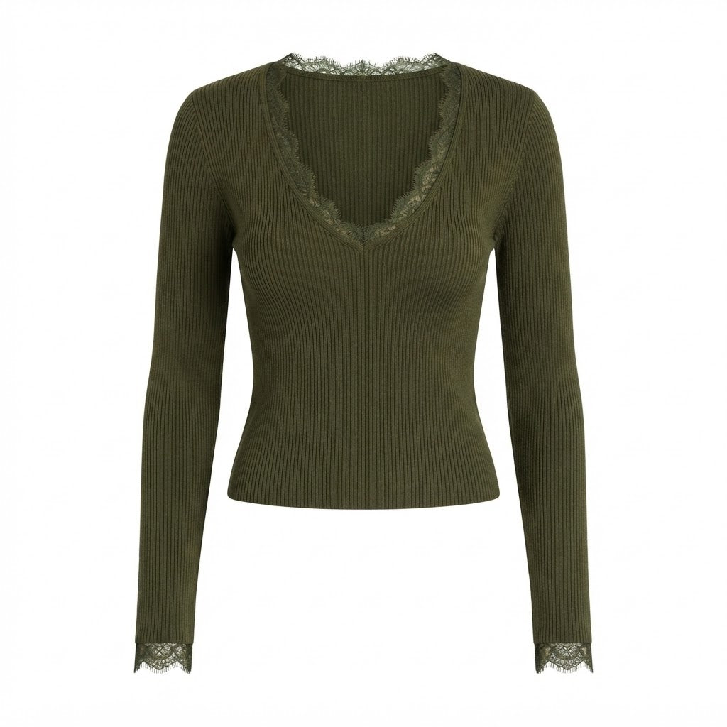 Pull kaki col V dentelle