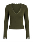 Pull kaki col V dentelle