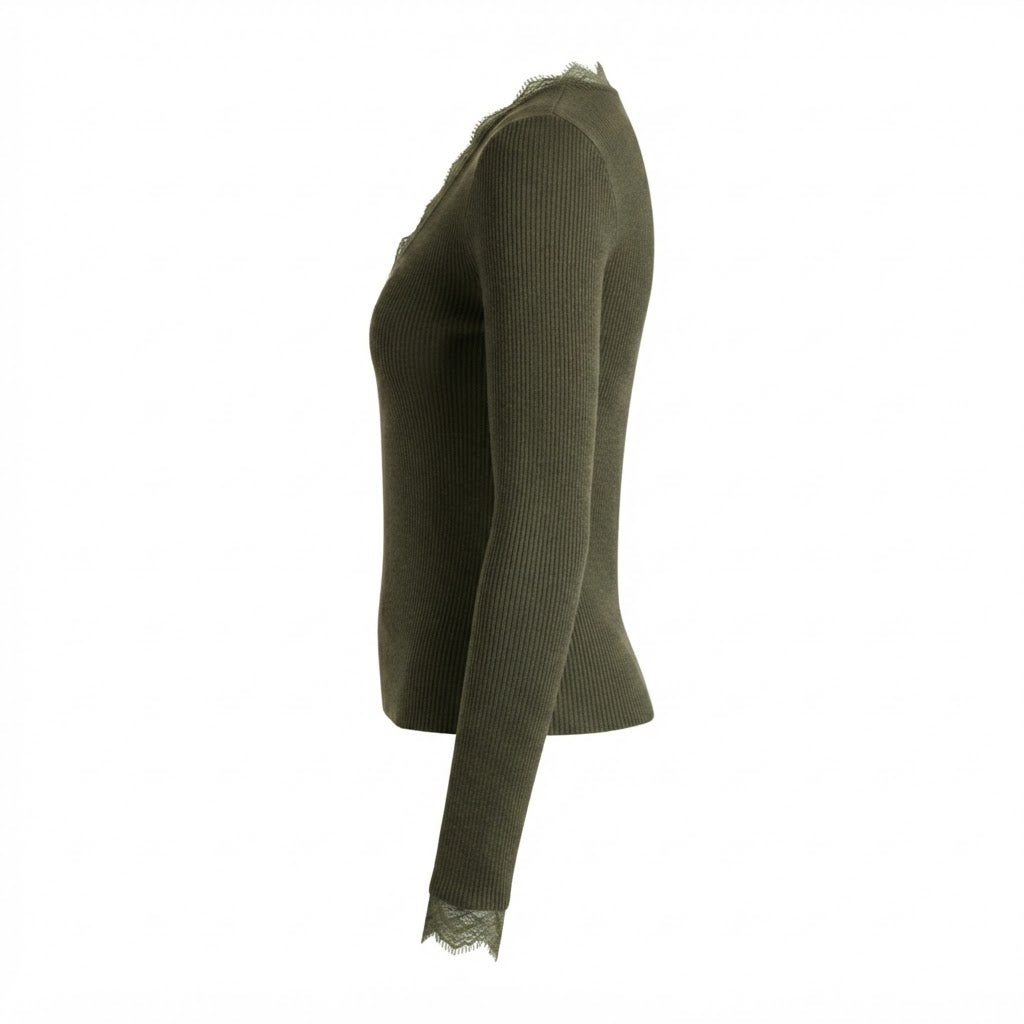 Pull kaki col V dentelle