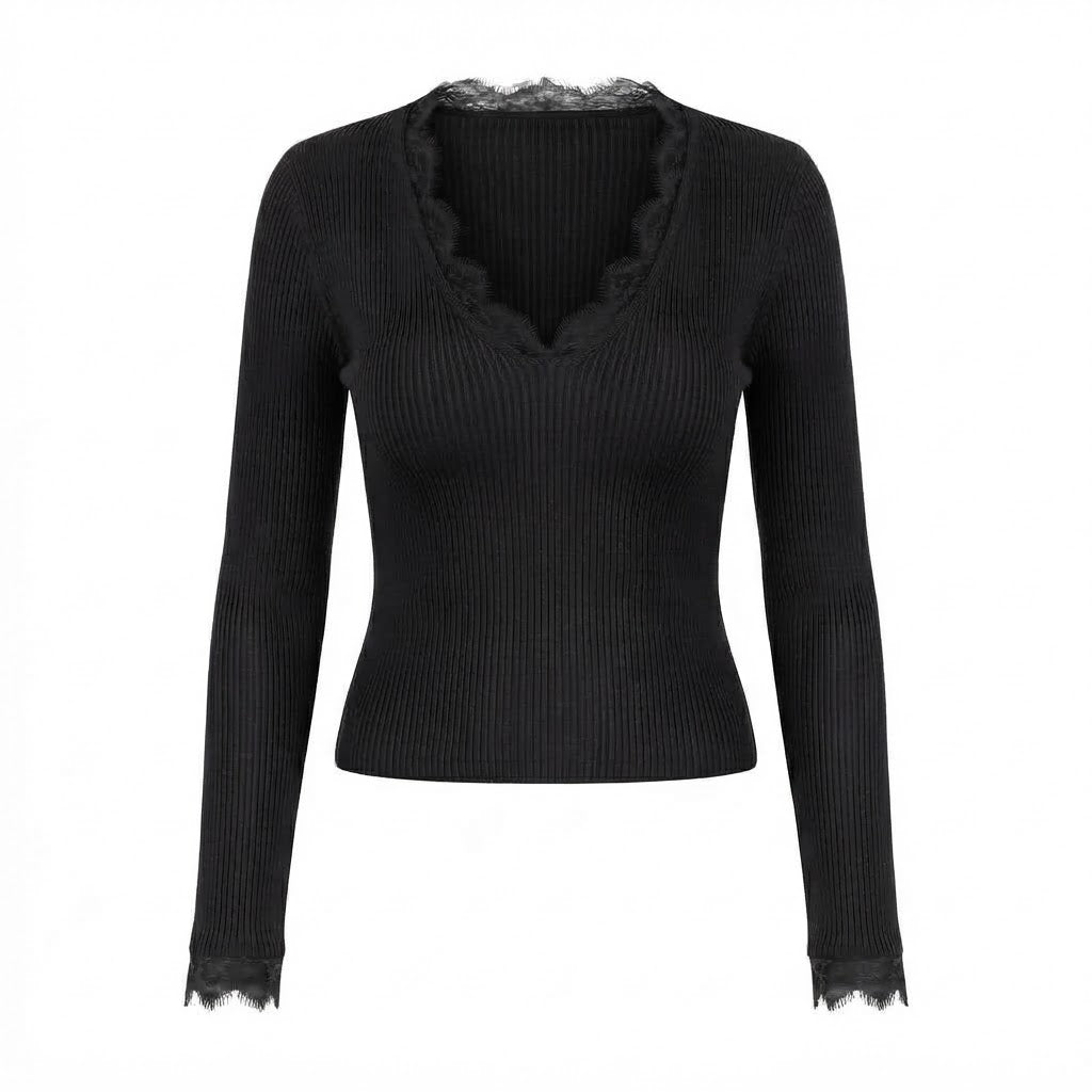 Pull noir col V dentelle