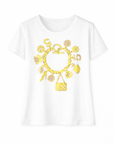 White cotton T-shirt with yellow/camel floral print
