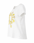 White cotton T-shirt with yellow/camel floral print