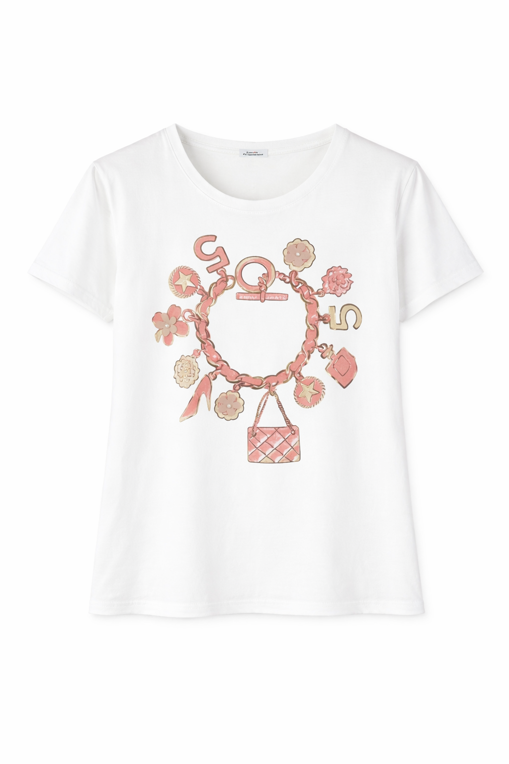Baumwoll-T-Shirt Weiss Blumendruck Rosa/Camel