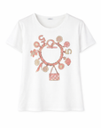 Baumwoll-T-Shirt Weiss Blumendruck Rosa/Camel