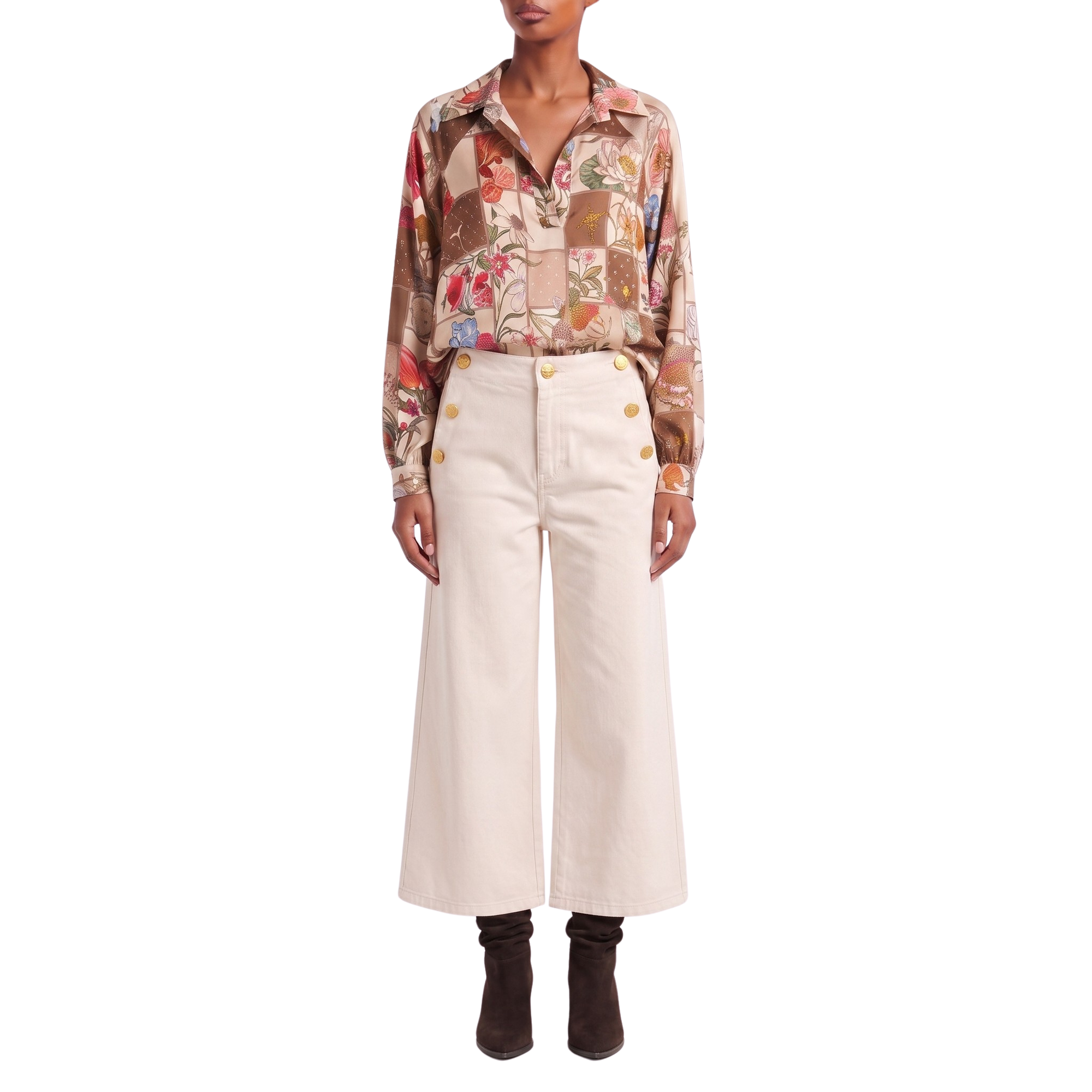 Blouse foulard beige motif automnal