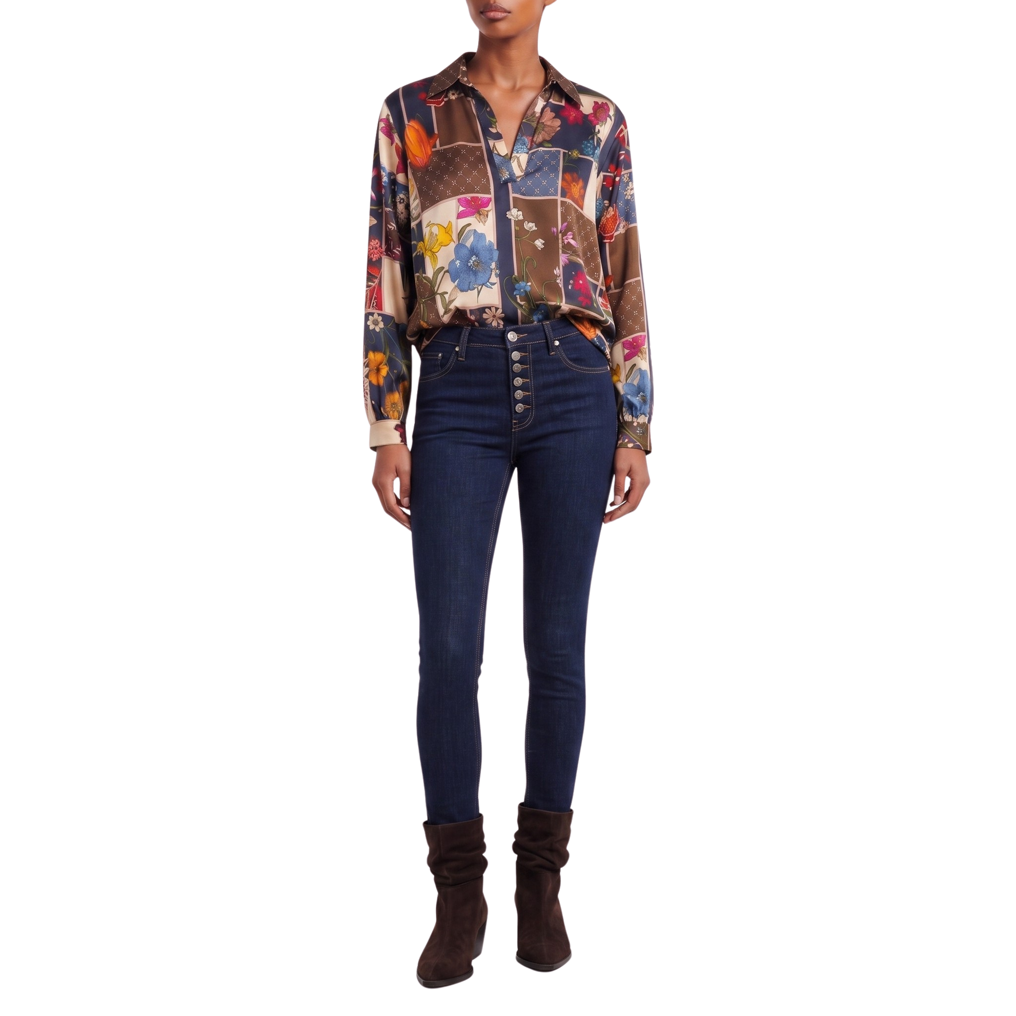 Blouse foulard marine motif automnal