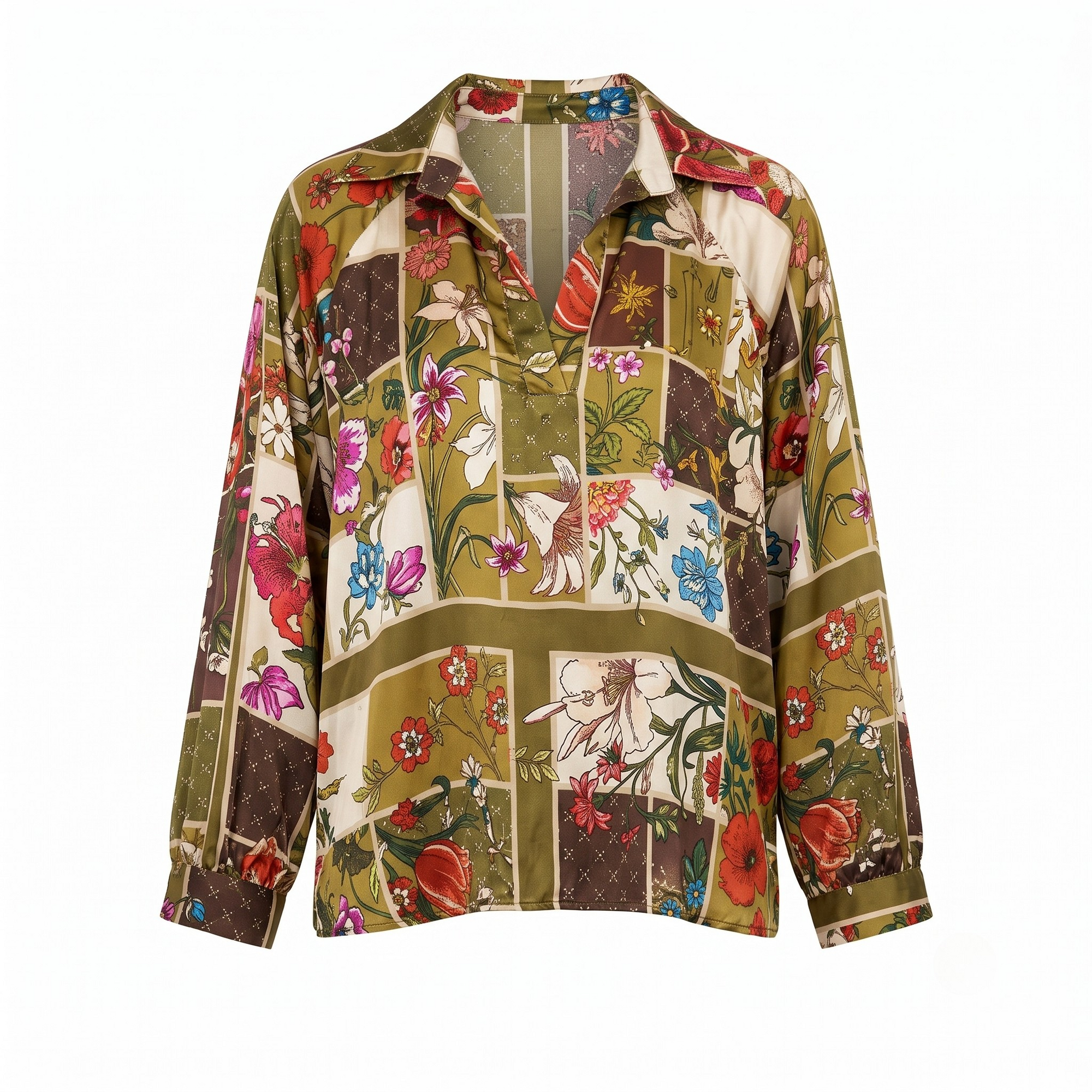 Blouse foulard olive motif automnal