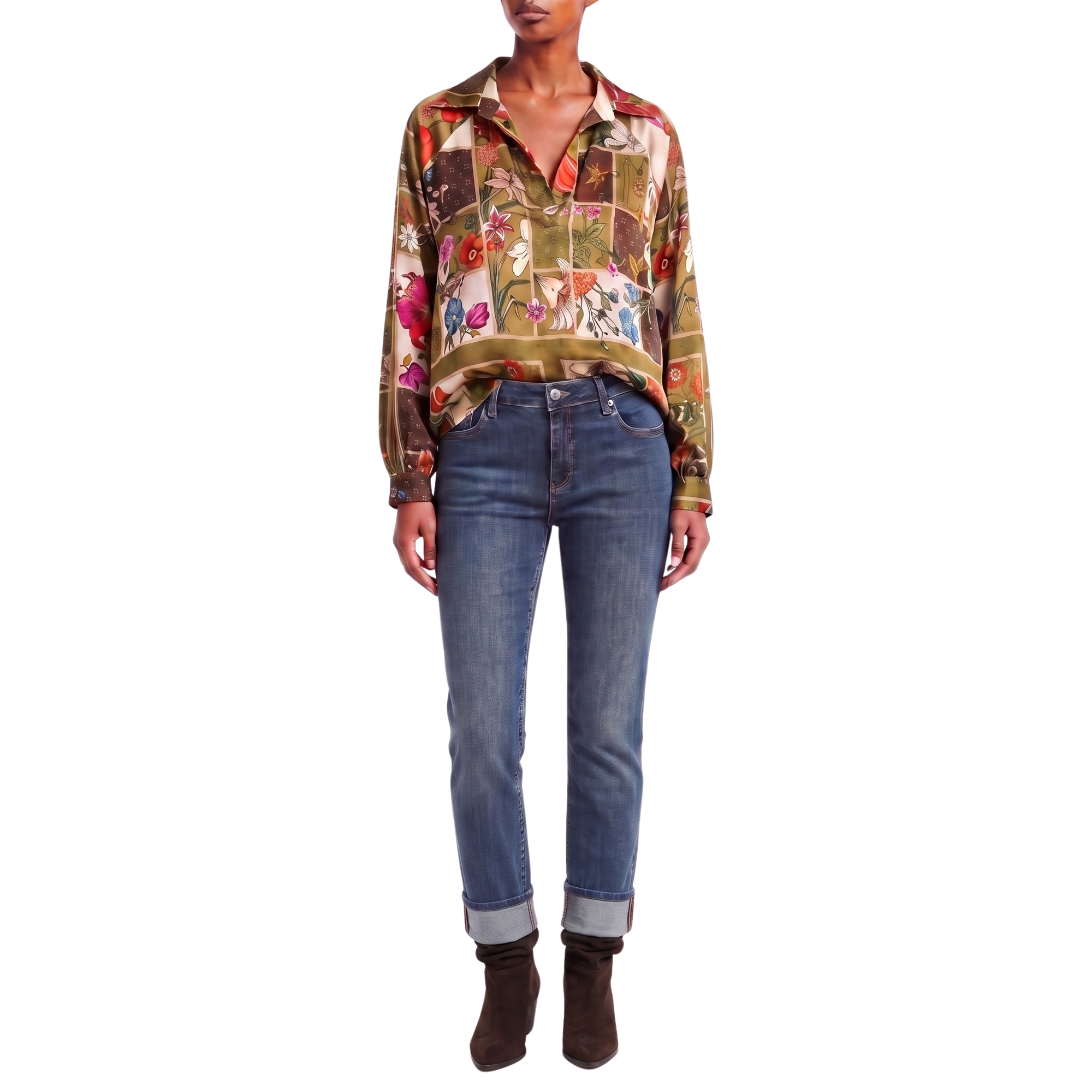 Blouse foulard olive motif automnal