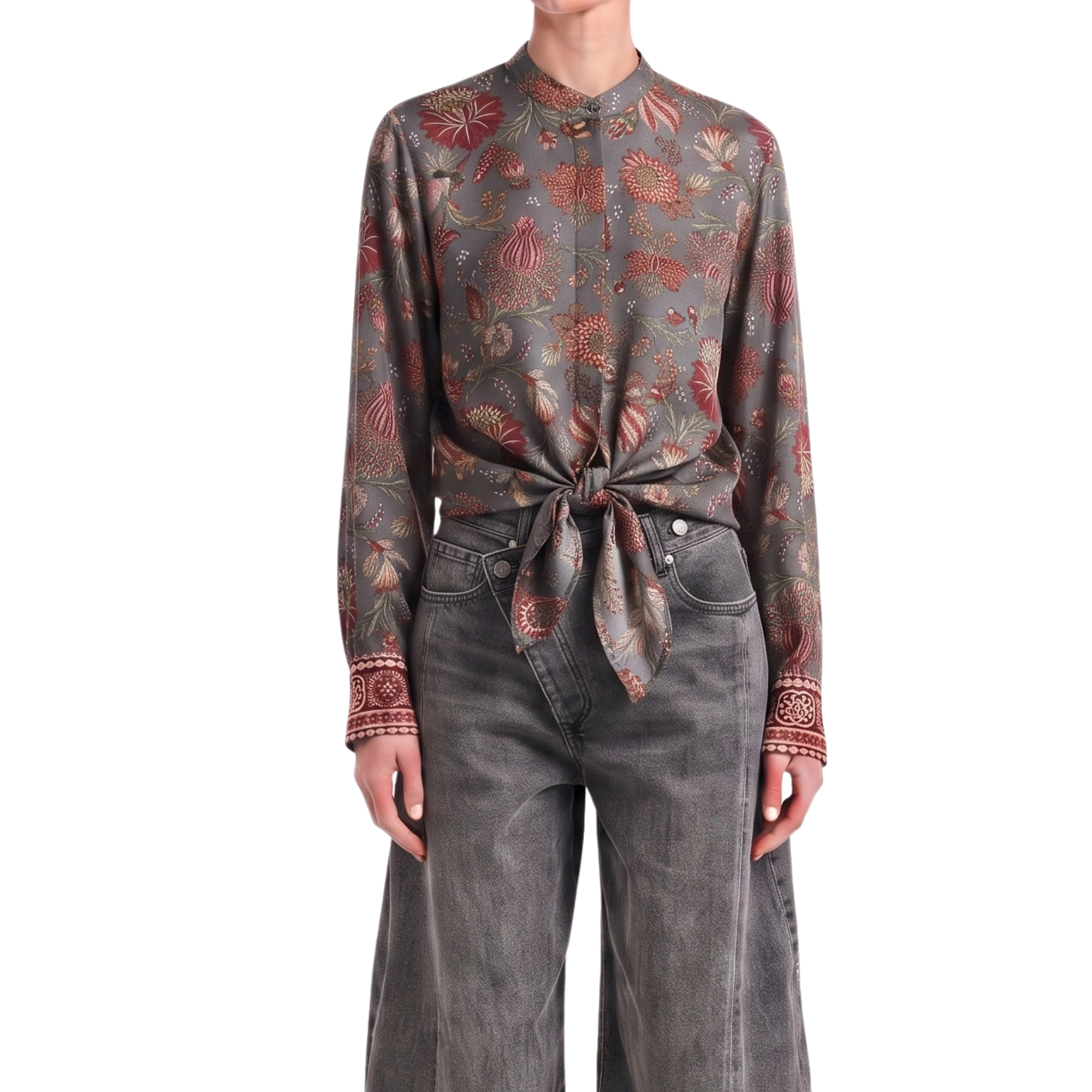 Chemisier gris soie motif floral Interdee