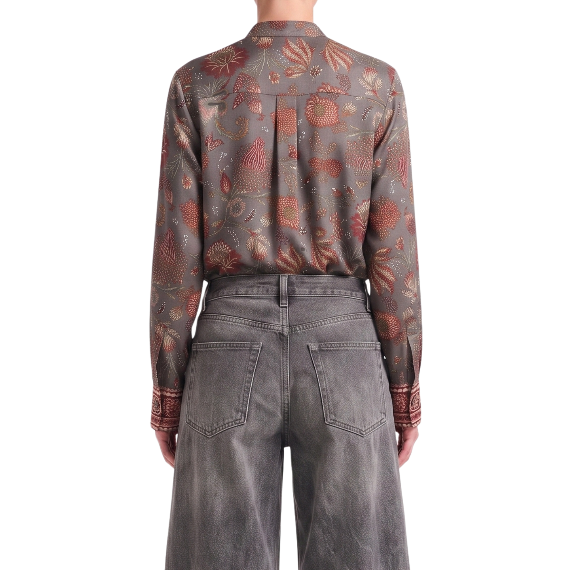 Chemisier gris soie motif floral Interdee