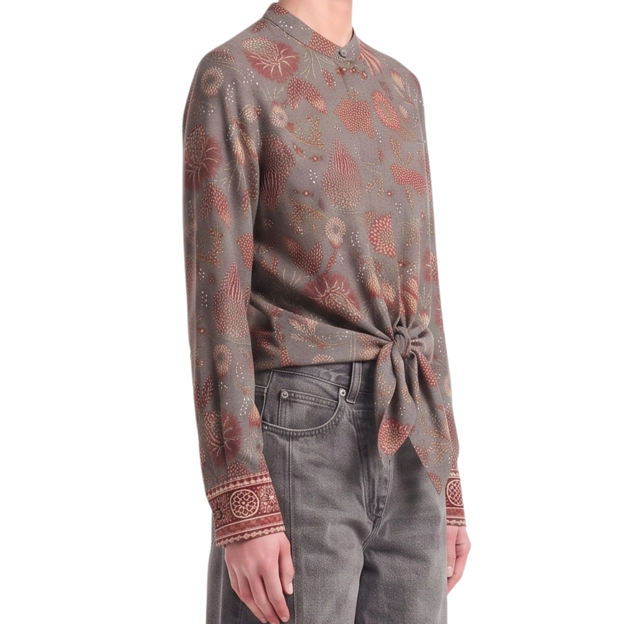 Chemisier gris soie motif floral Interdee