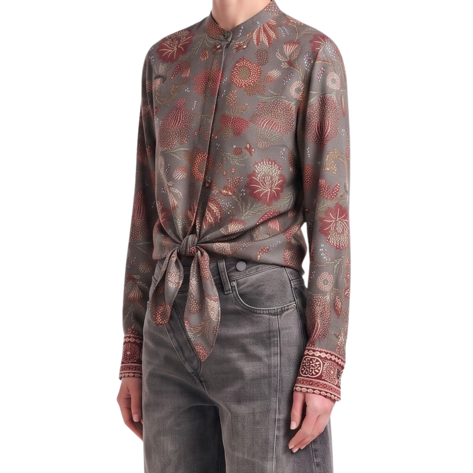 Chemisier gris soie motif floral Interdee