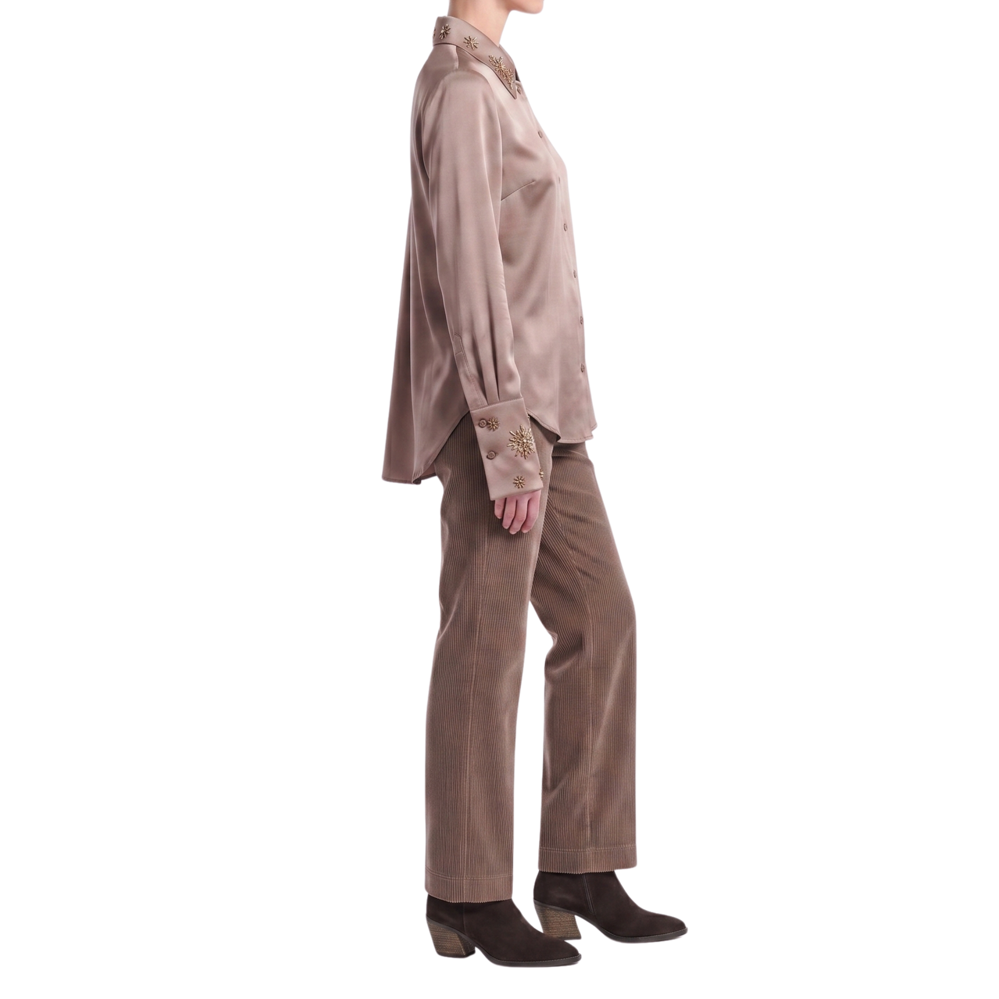 Bluse Taupe Seide Interdee Kragen Sequins