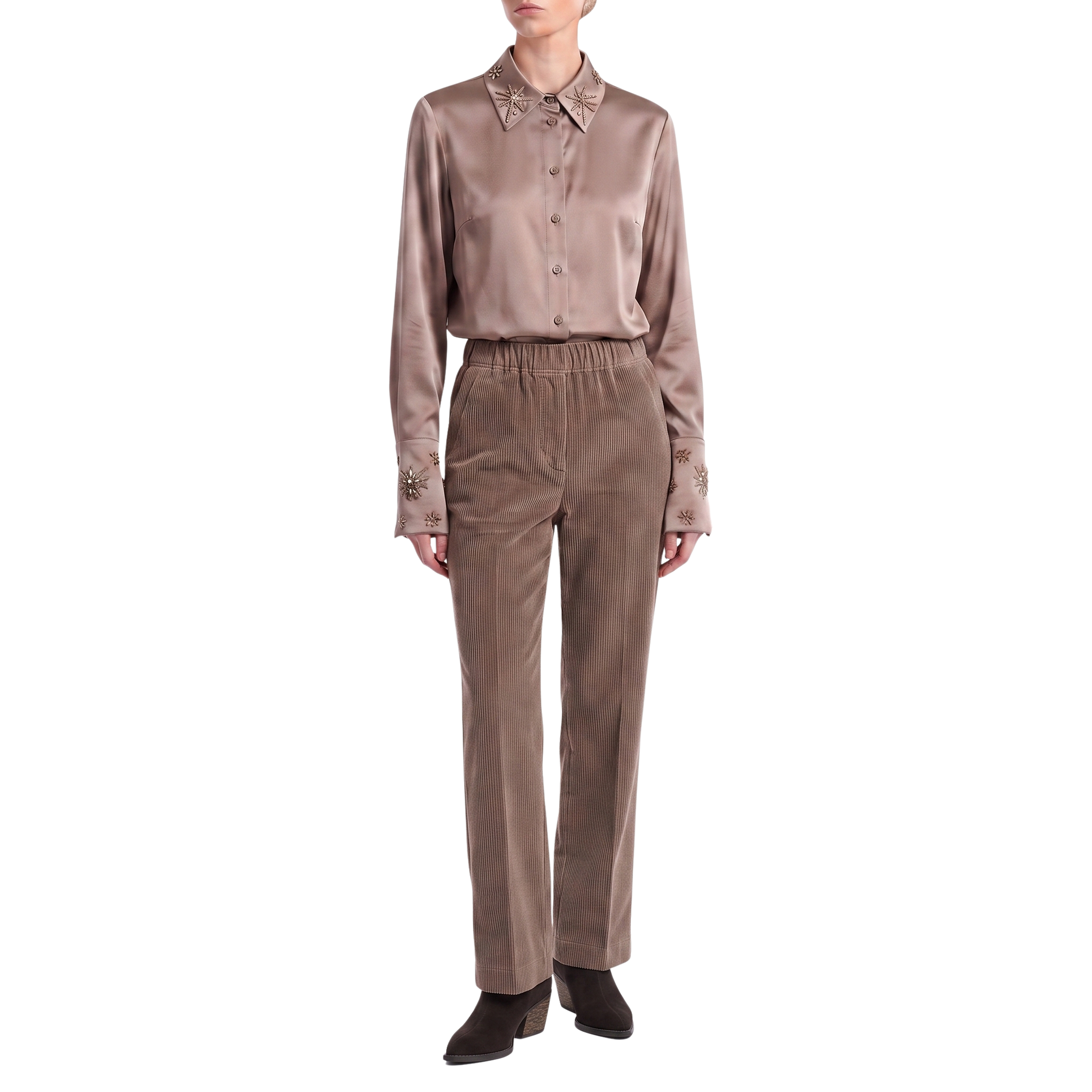 Bluse Taupe Seide Interdee Kragen Sequins