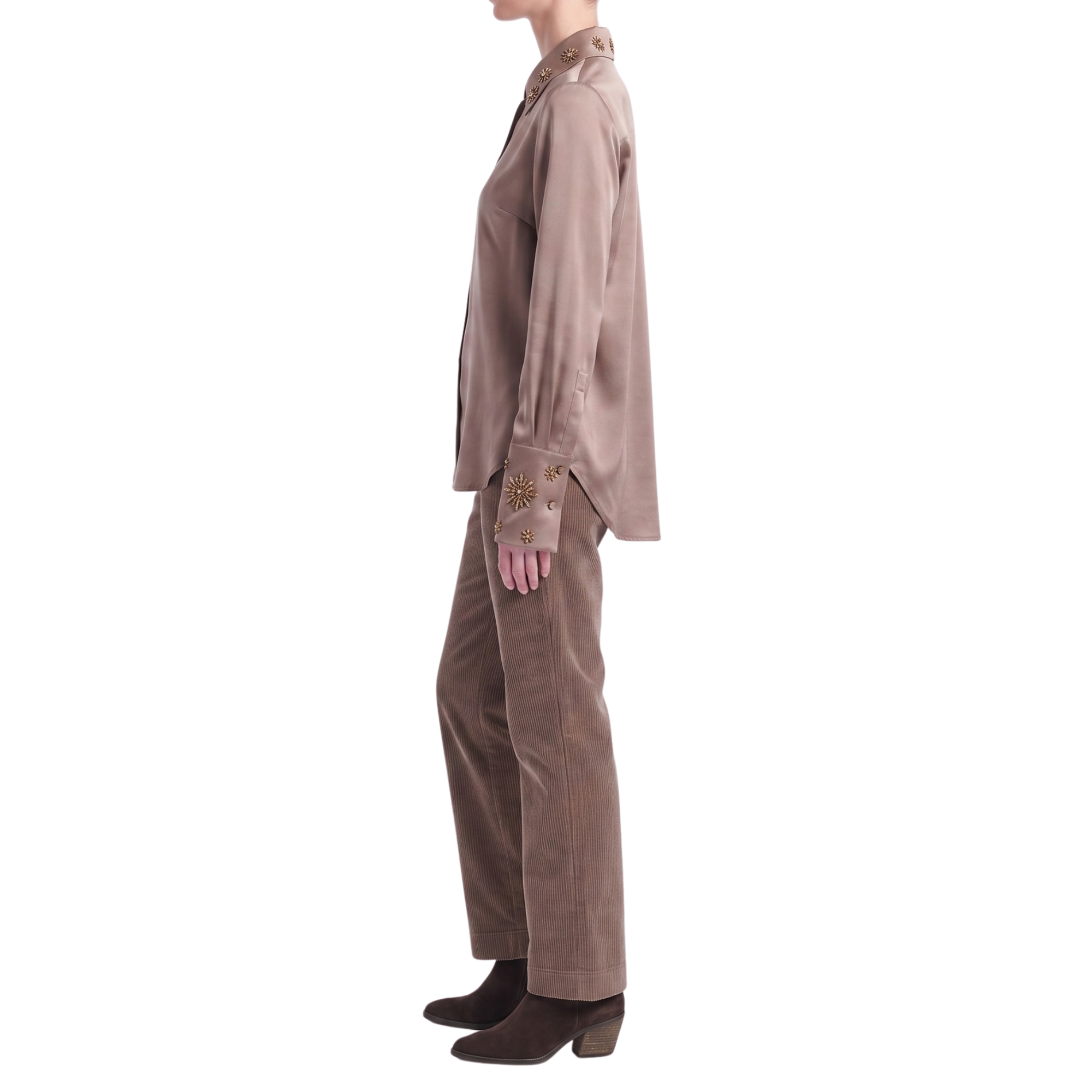 Bluse Taupe Seide Interdee Kragen Sequins