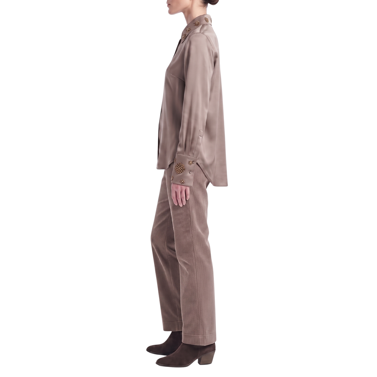 INTERDEE chemisier taupe soie col sequins