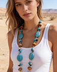 Collier long pierres turquoise et bois