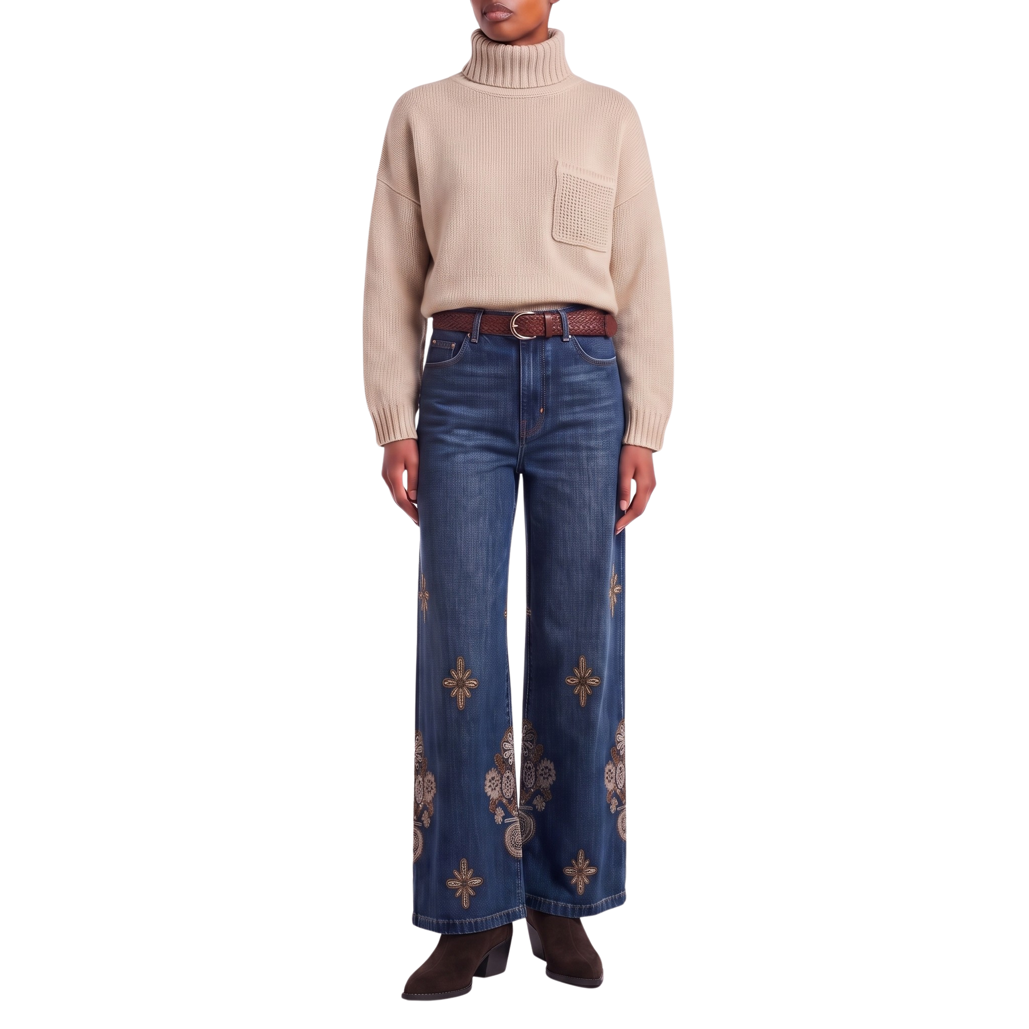 Jeans denim baroque fleurs beiges
