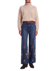 Jeans denim baroque fleurs beiges