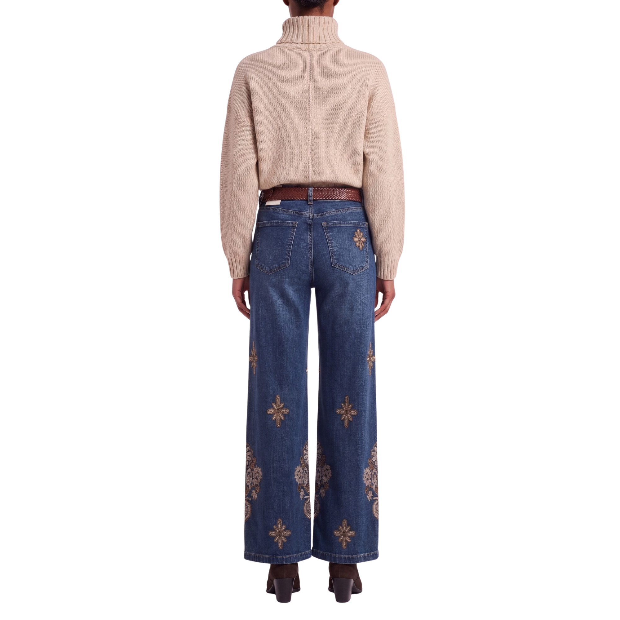 Jeans denim baroque fleurs beiges