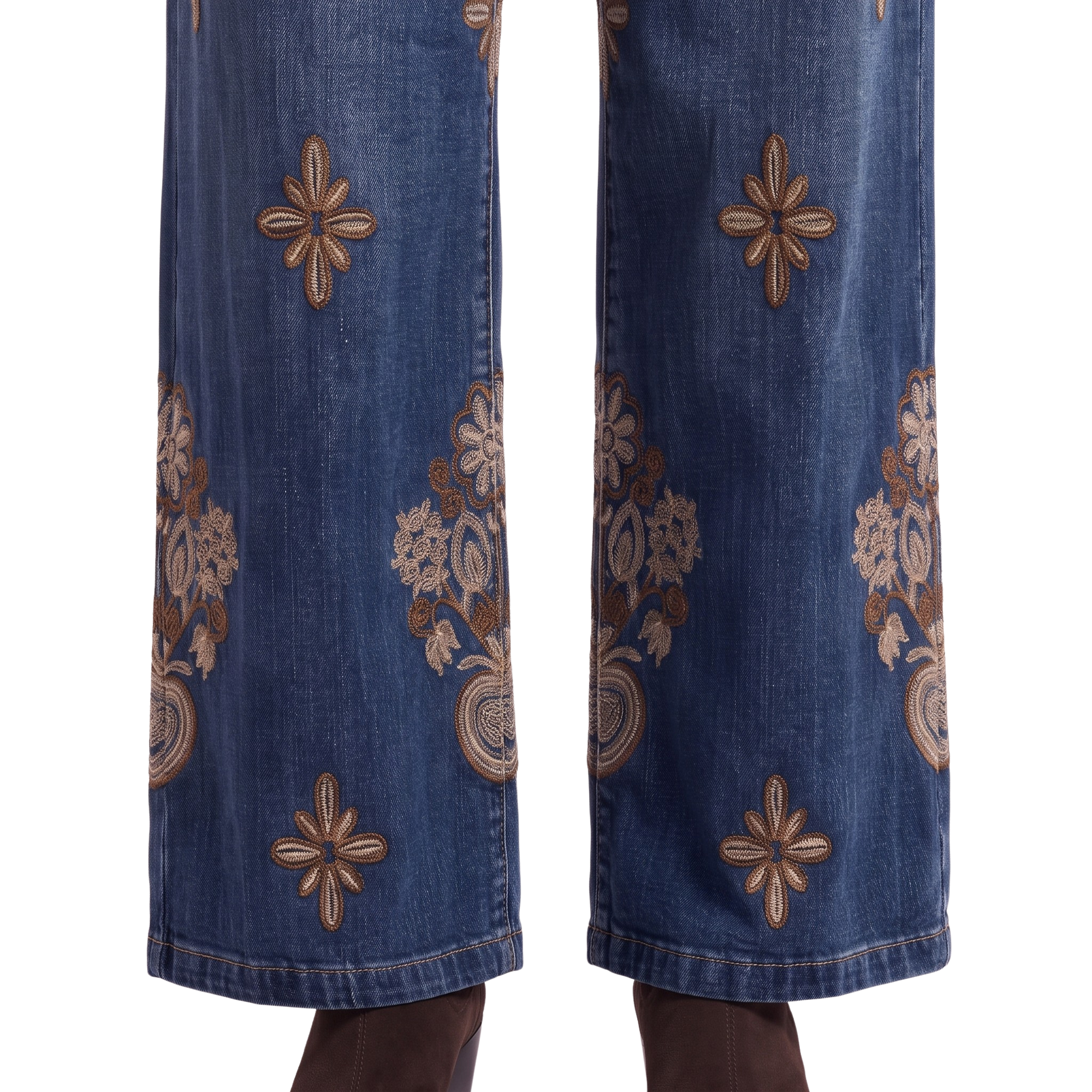 Jeans denim baroque fleurs beiges