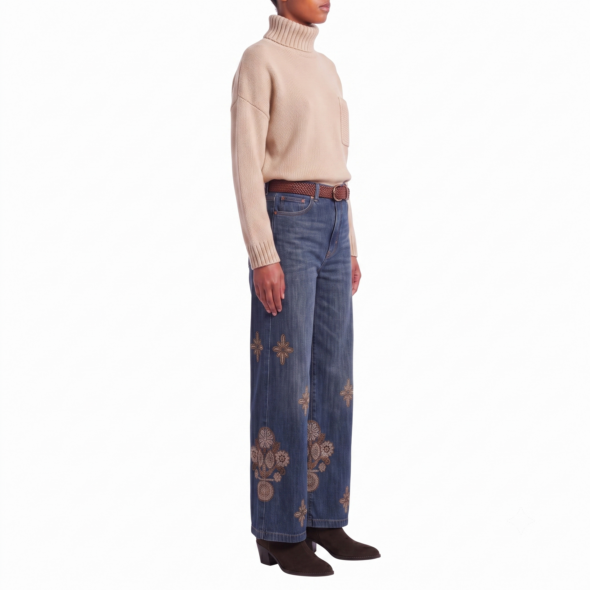Jeans denim baroque fleurs beiges