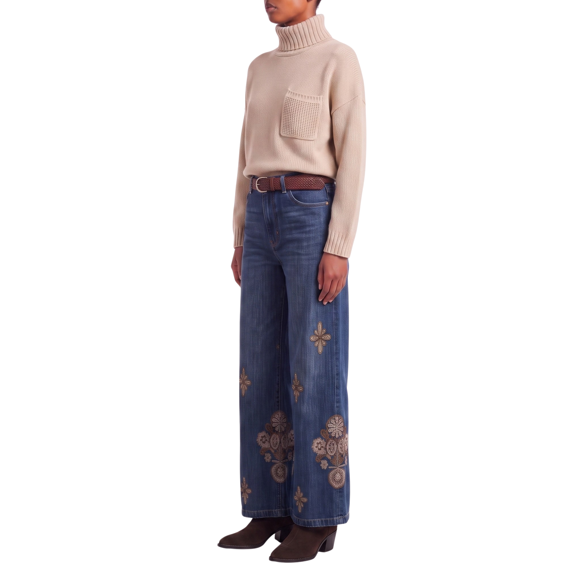 Jeans denim baroque fleurs beiges