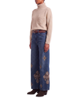 Jeans denim baroque fleurs beiges