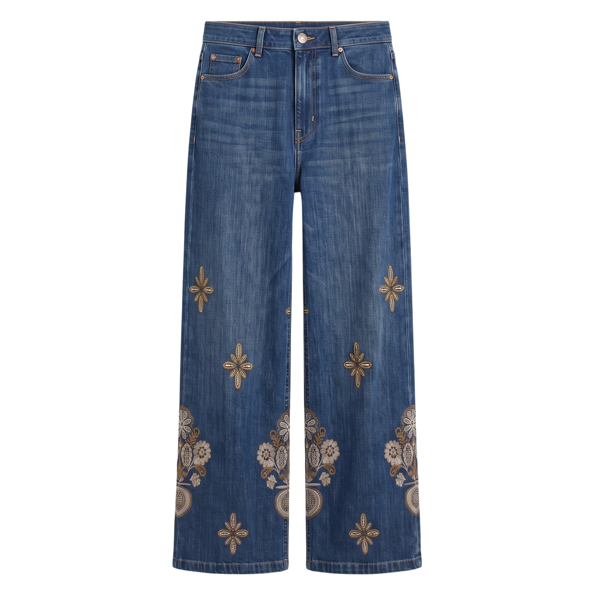 Jeans denim baroque fleurs beiges