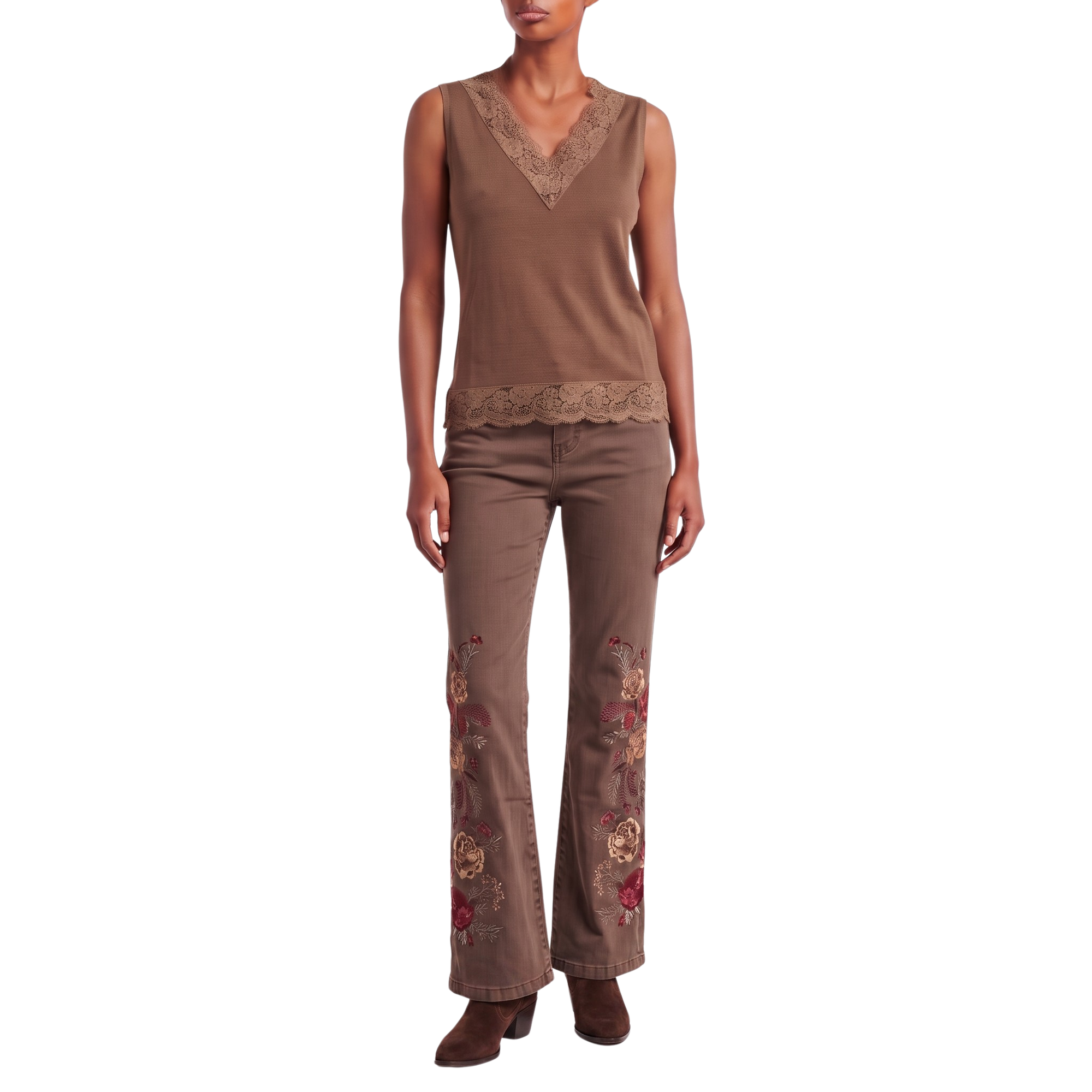 Jeans marron fleurs baroque