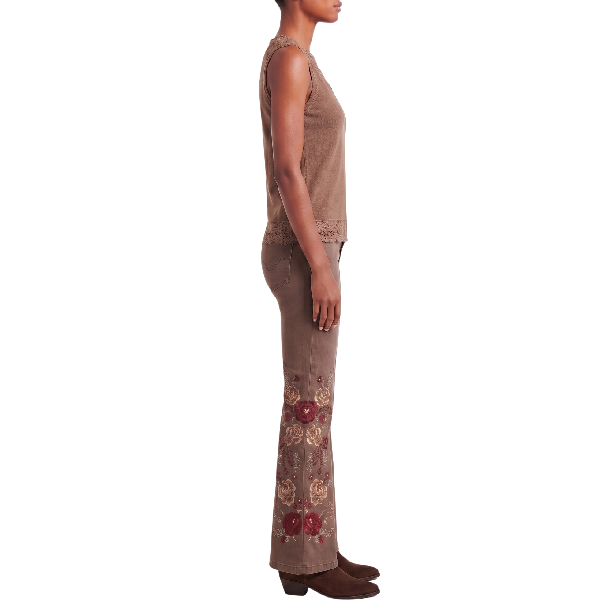 Jeans marron fleurs baroque