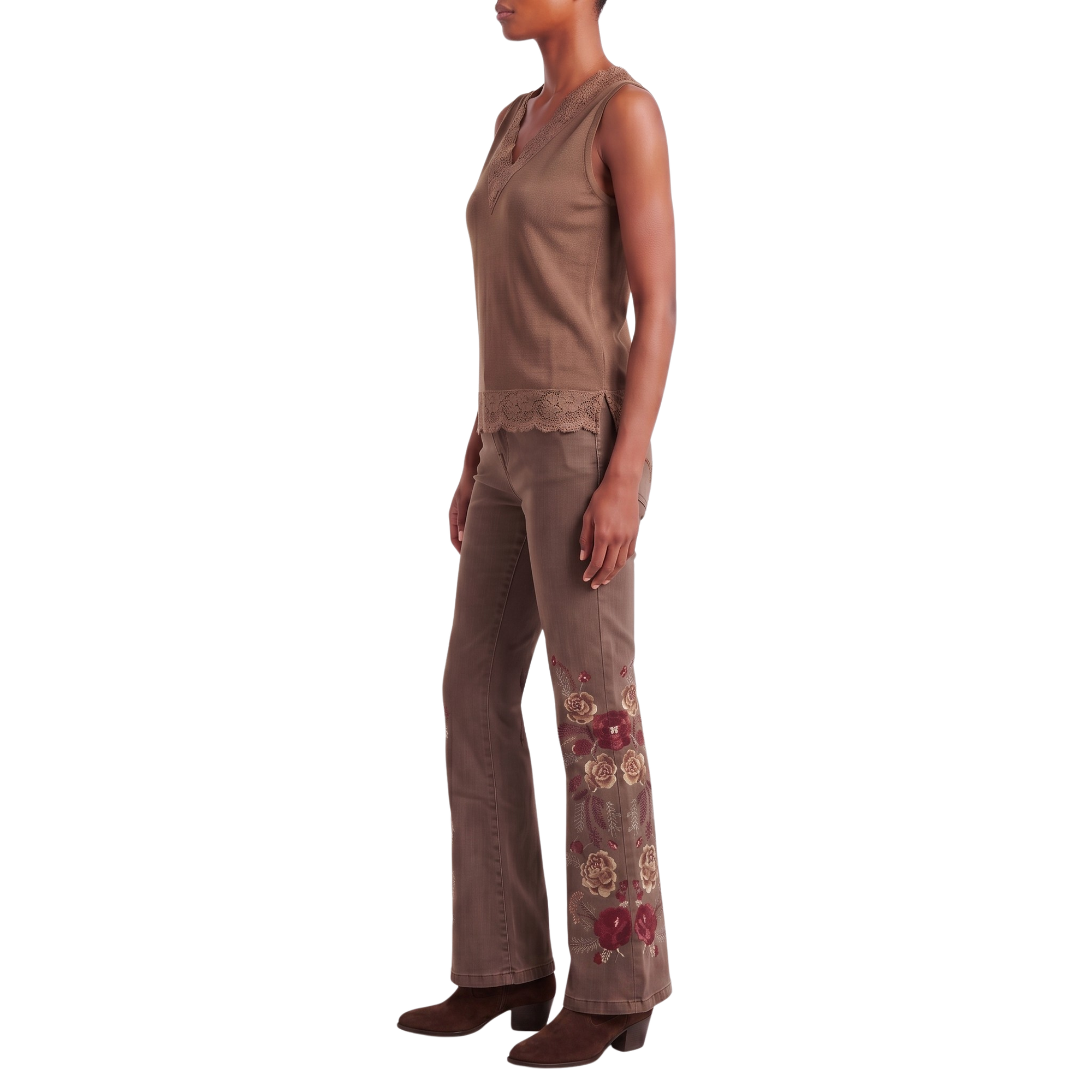Jeans marron fleurs baroque