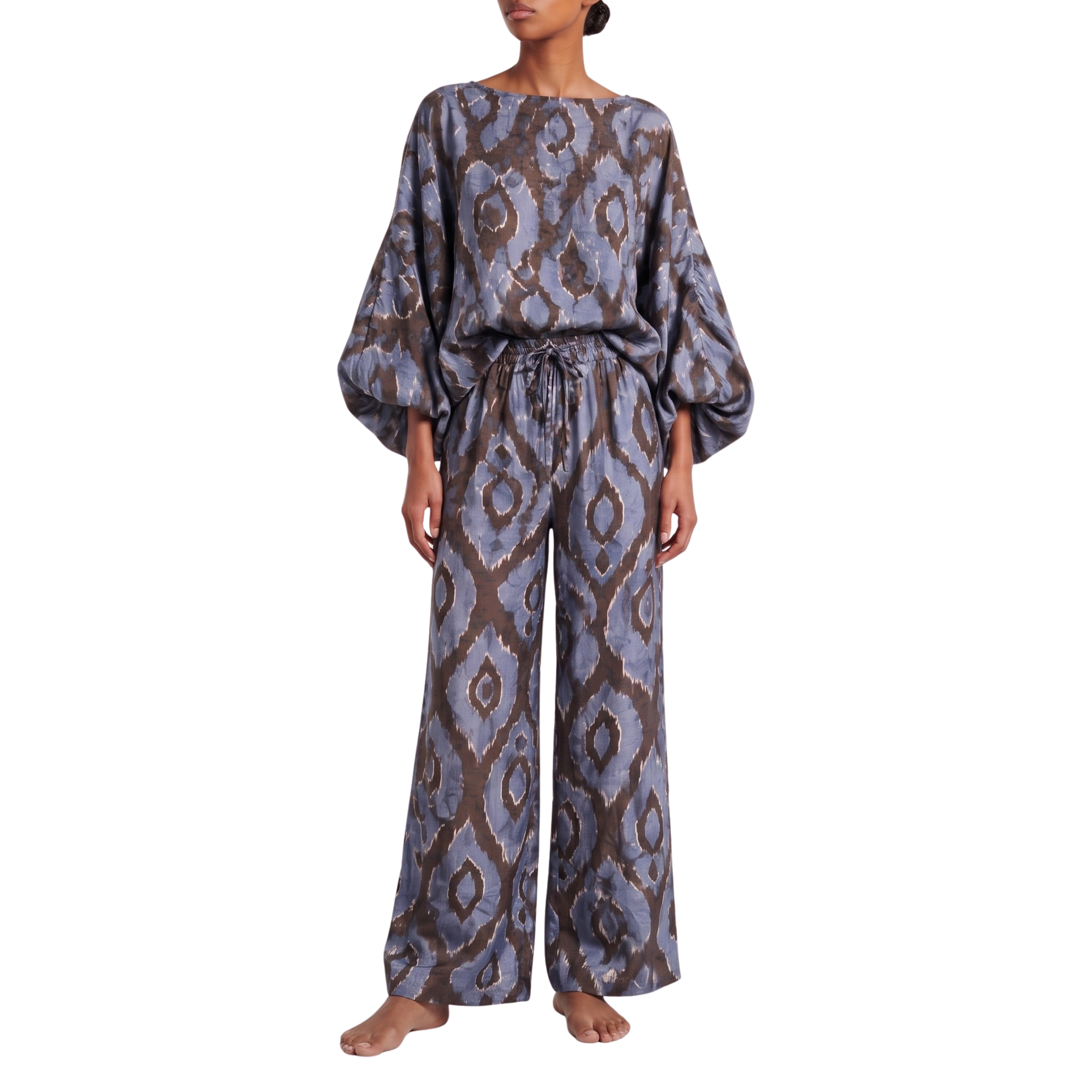 Pantalon indigo motifs marron