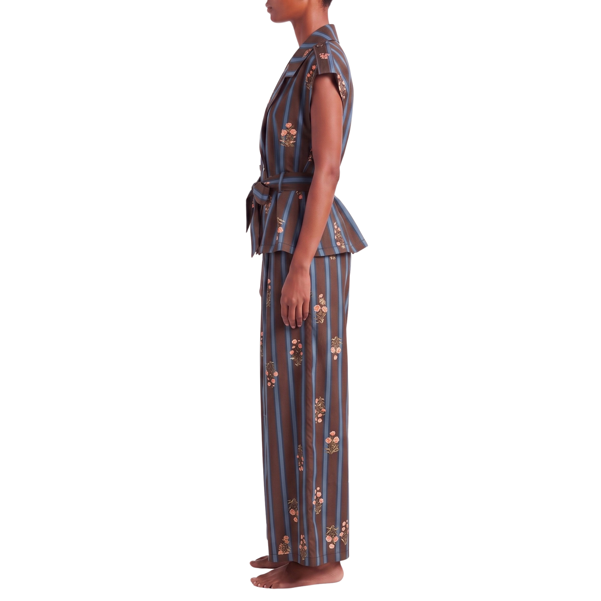 Pantalon large rayures fleurs choco