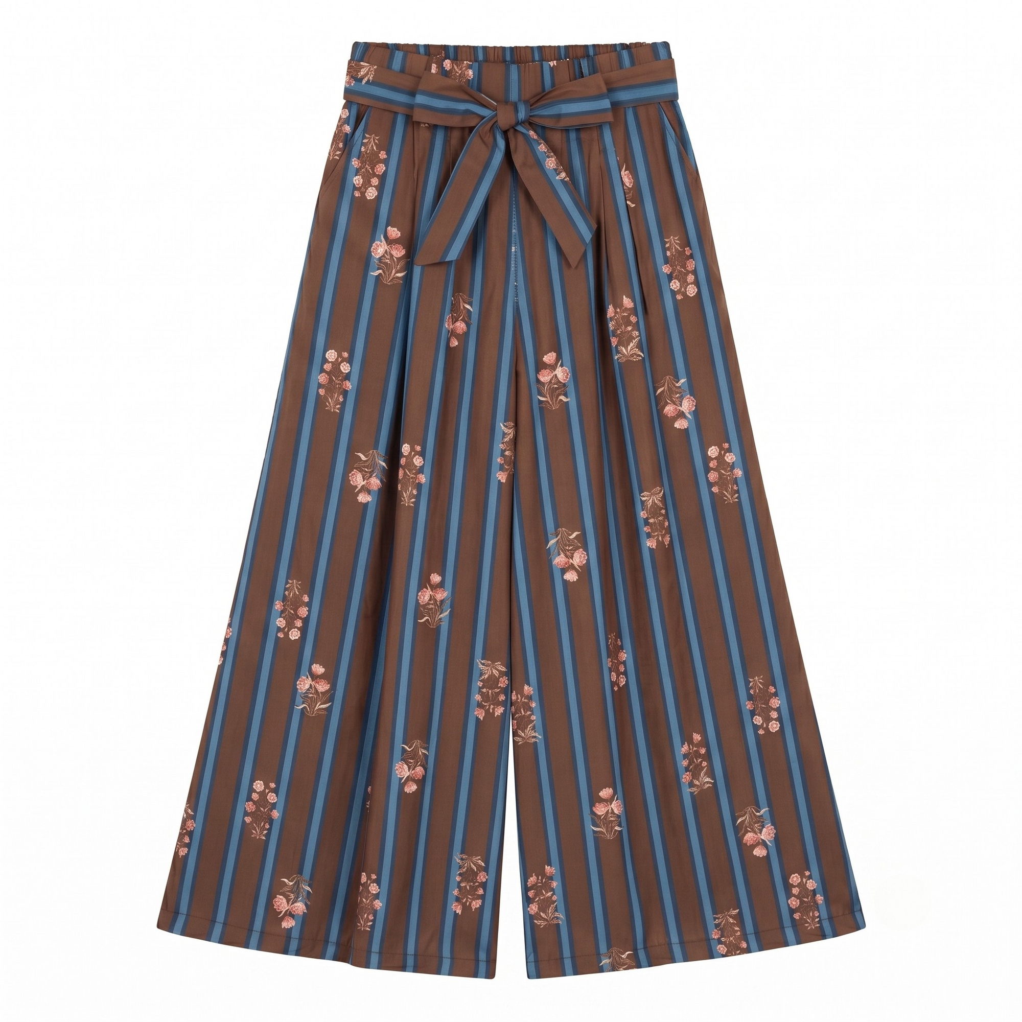 Pantalon large rayures fleurs choco