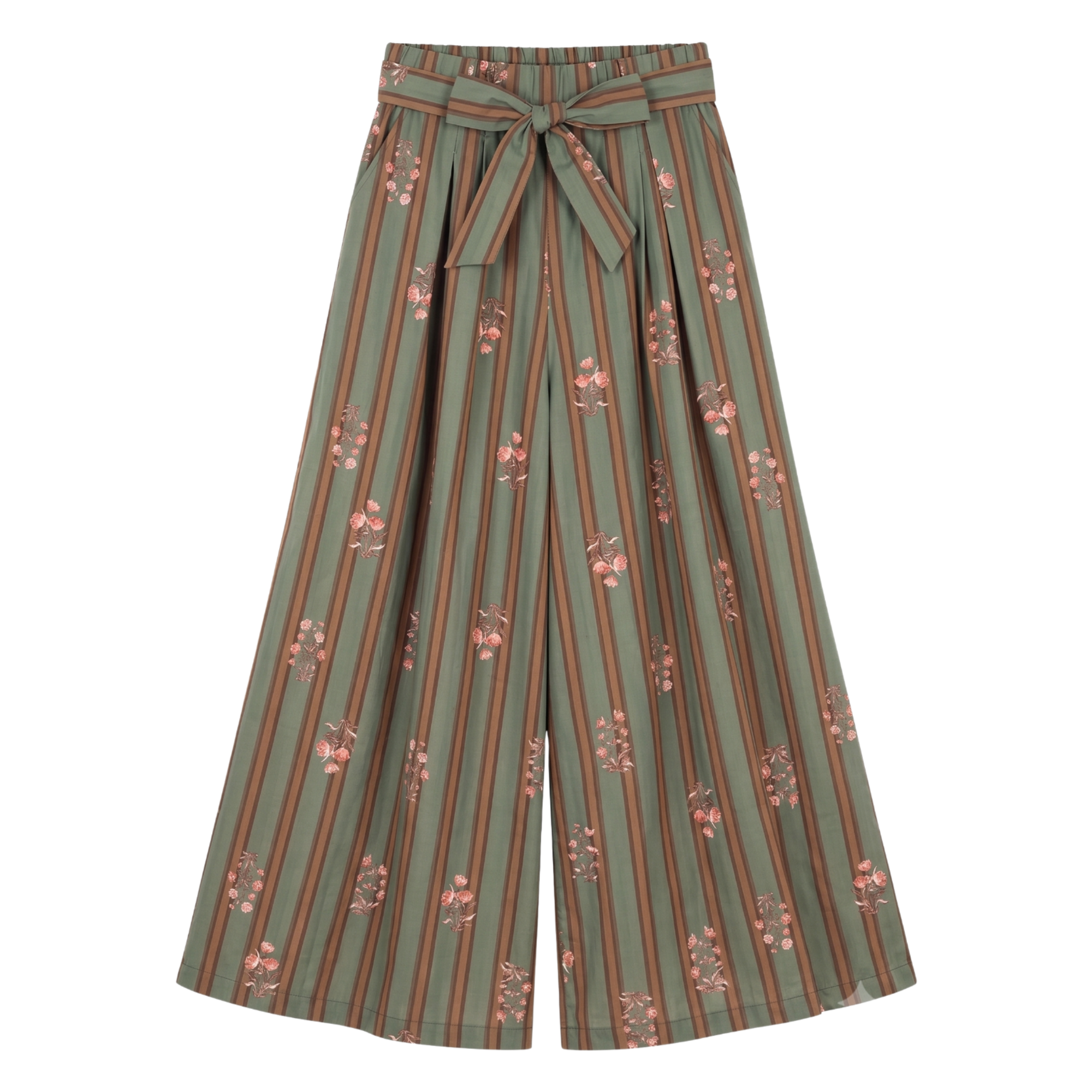 Pantalon large rayures fleurs kaki