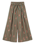 Pantalon large rayures fleurs kaki