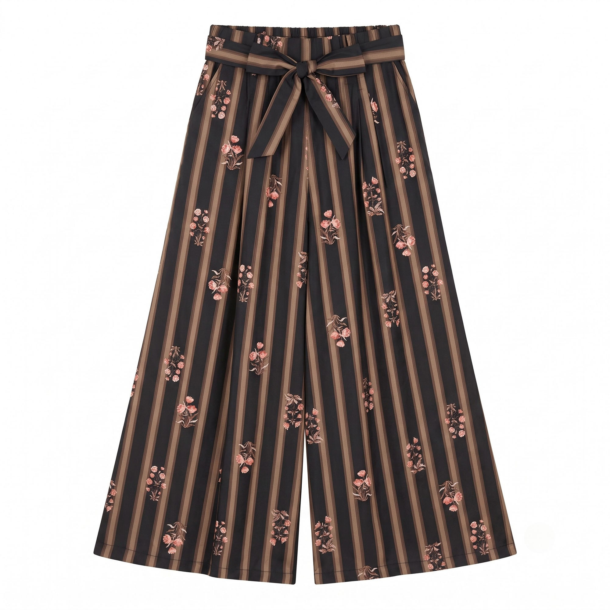 Pantalon large rayures fleurs noir