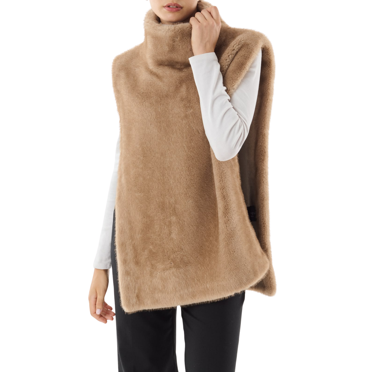 Poncho camel fausse fourrure col montant