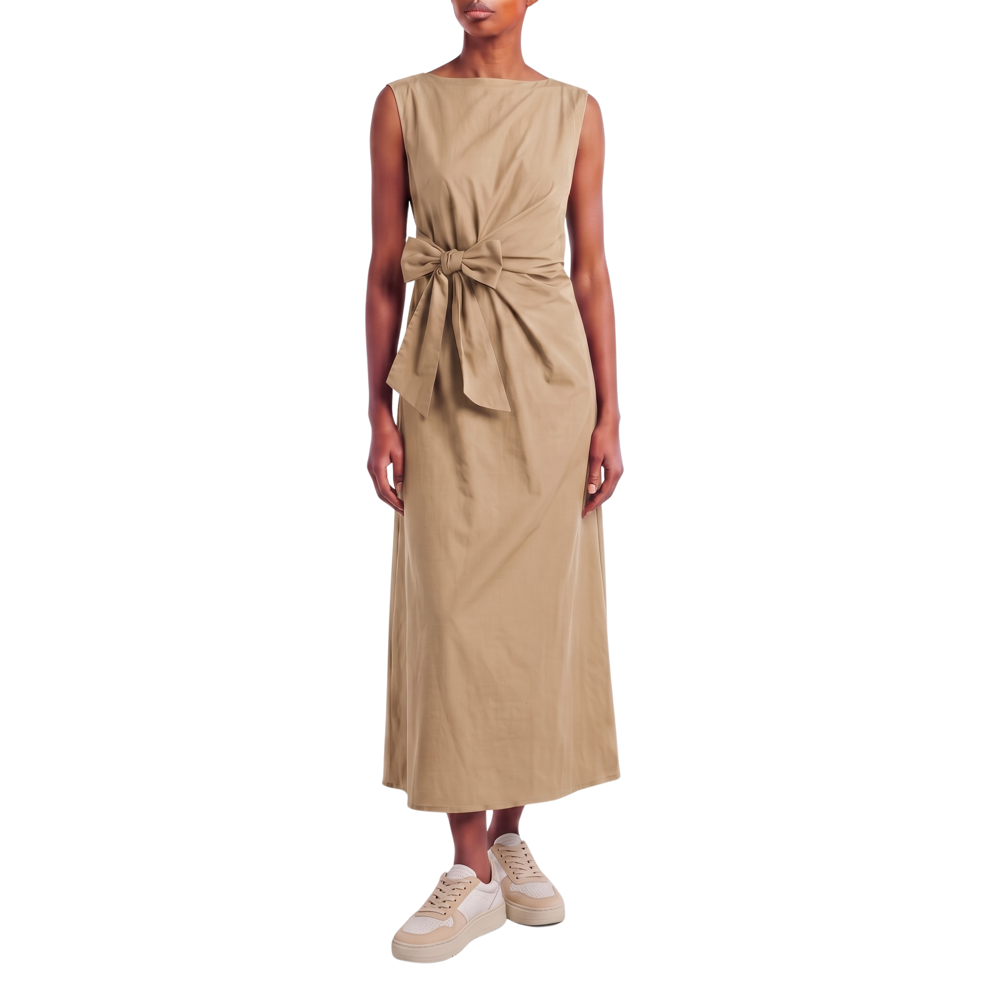 Robe longue drapée noeud beige