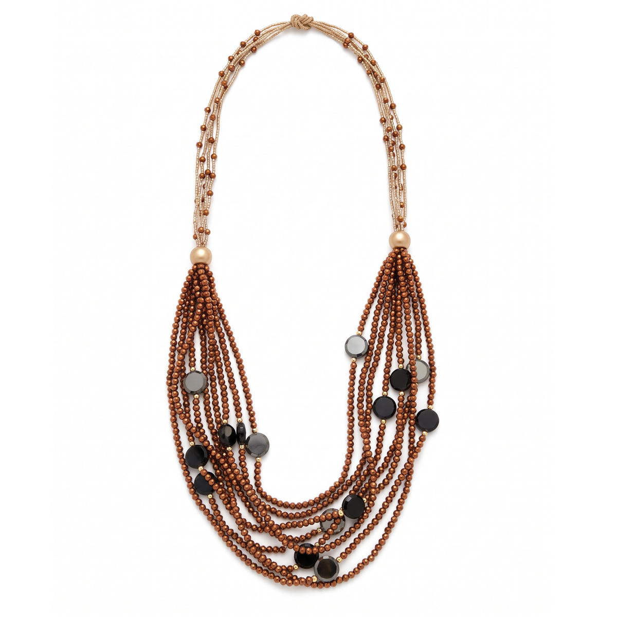 Sautoir multi rangs marron pastilles noires